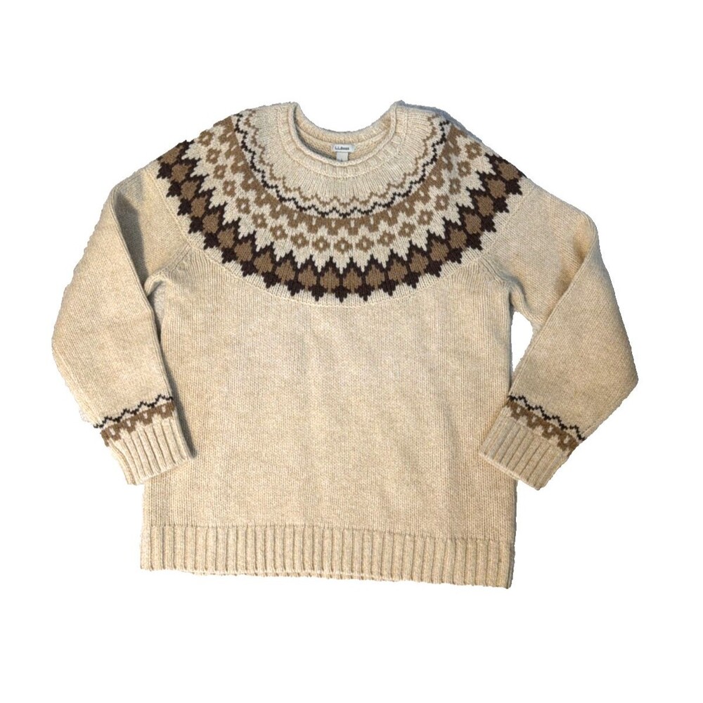 LL Bean Women’s Fair Isle Nordic Wool Sweater Size L  100% Lamb Wool Beige Brown